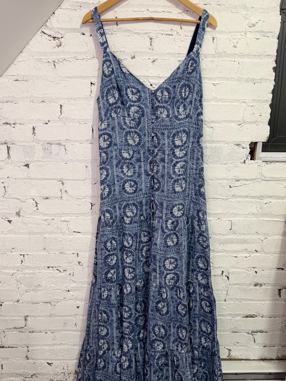 Ralph Lauren Linen Geo Print Maxi Dress Blue White Tiered A-Line Tie Die Size 12 - Picture 5 of 12